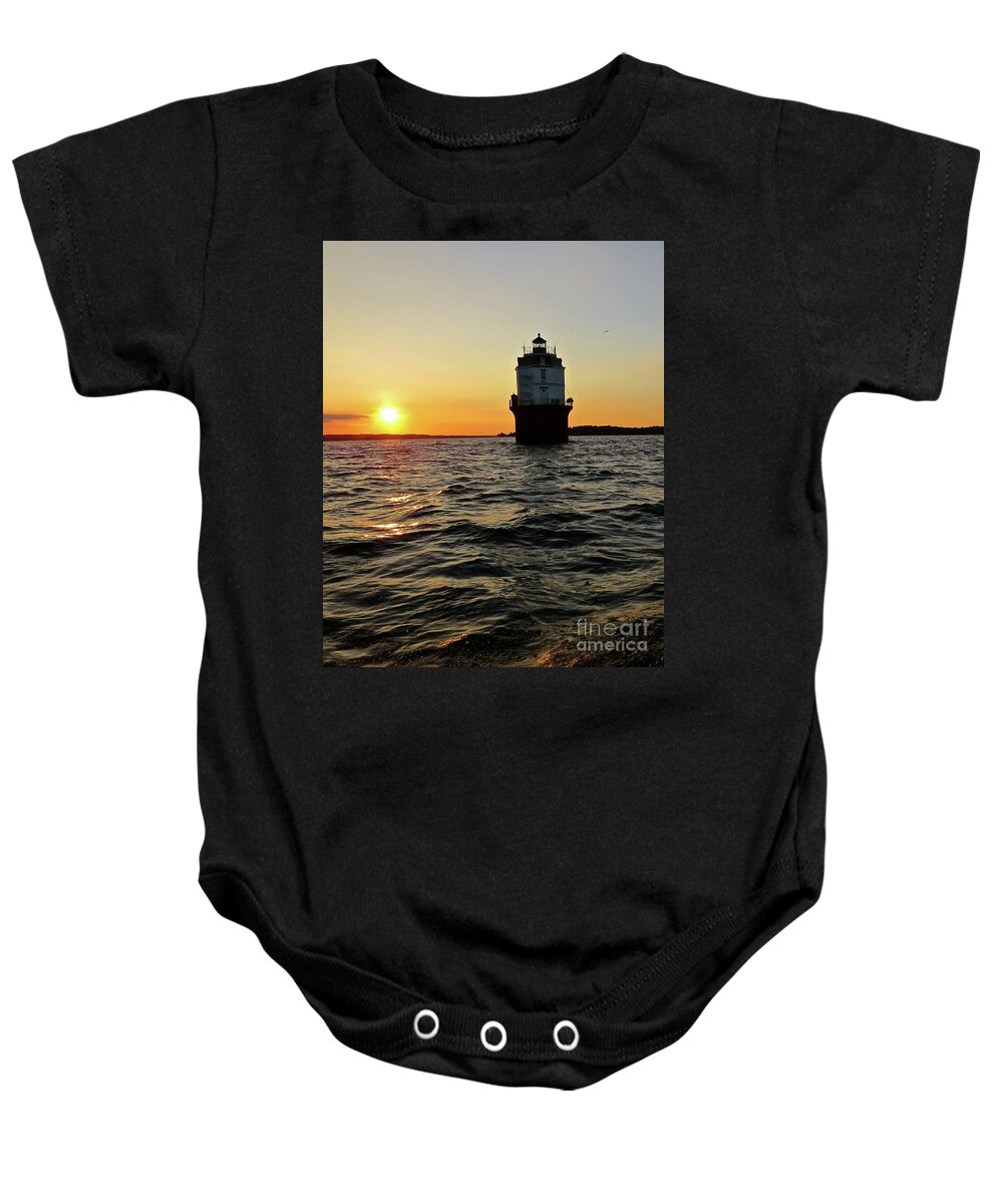Baltimore Lighthouse Baby Onesie featuring the photograph Sunset at Baltimore Light by Nancy Patterson