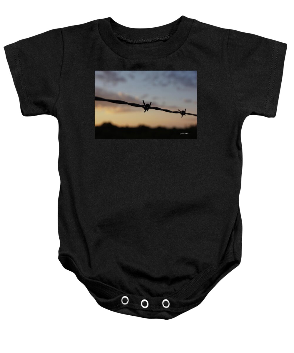 Barbwire Baby Onesie featuring the photograph Sunset Barbwire by Julie Carter
