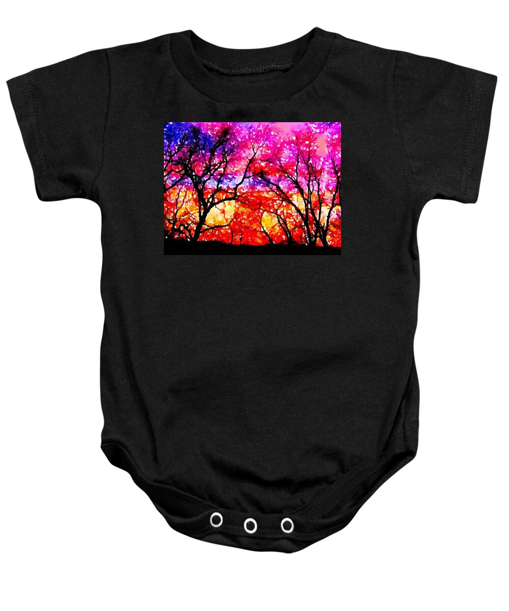 Digital Art Baby Onesie featuring the pyrography Sunset Tree Line by Delynn Addams