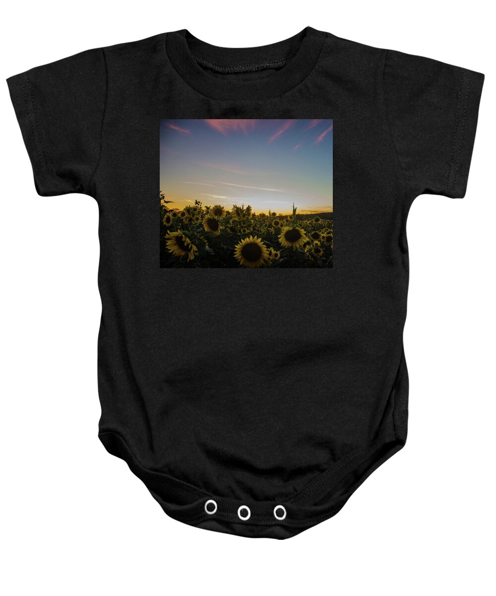 Landscape Baby Onesie featuring the photograph Sunset with Sunflowers at Andersen Farms by GeeLeesa Productions
