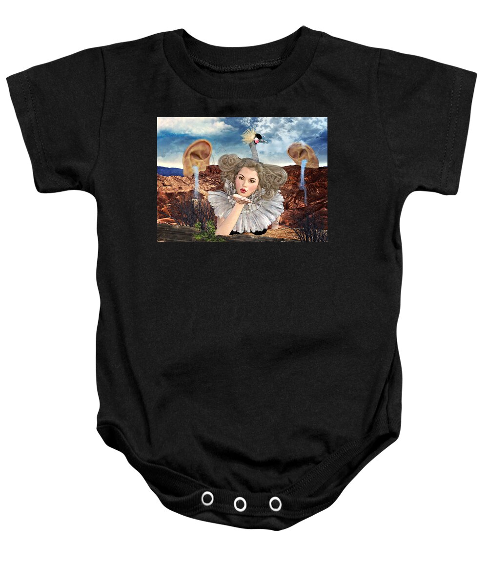 Ally White Baby Onesie featuring the mixed media Surreal Kiss by Ally White