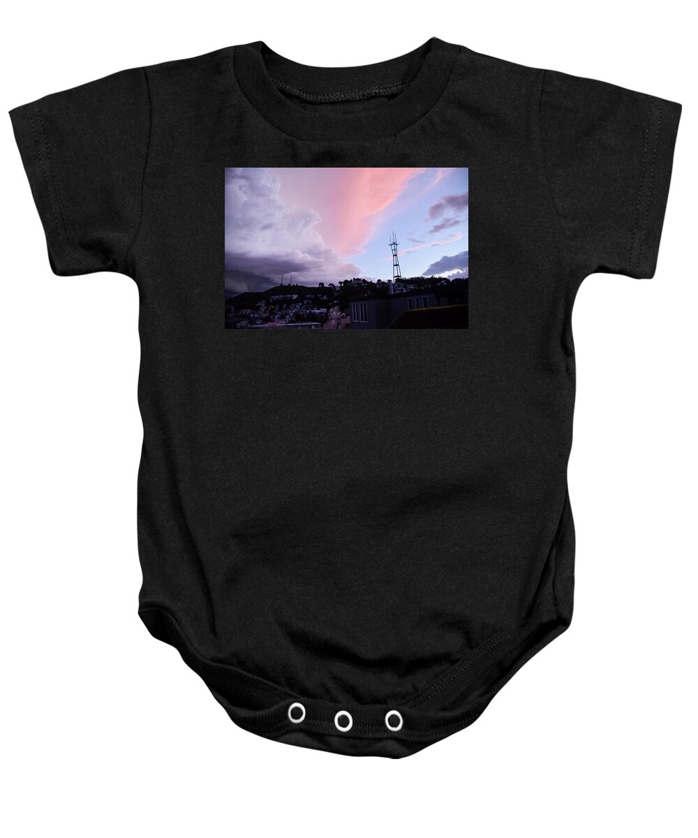 San Francisco Baby Onesie featuring the photograph Sutro Tower with Purple clouds by Erik Burg