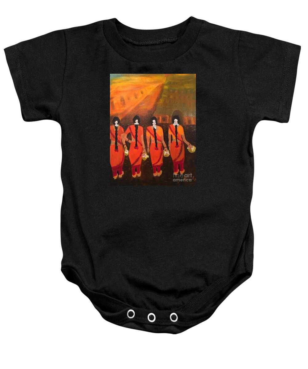 Temple Dancers Baby Onesie featuring the painting Temple Dancers by Brindha Naveen