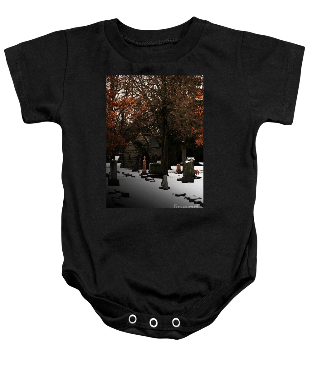 Cemetery Baby Onesie featuring the photograph The Crossing by Linda Shafer