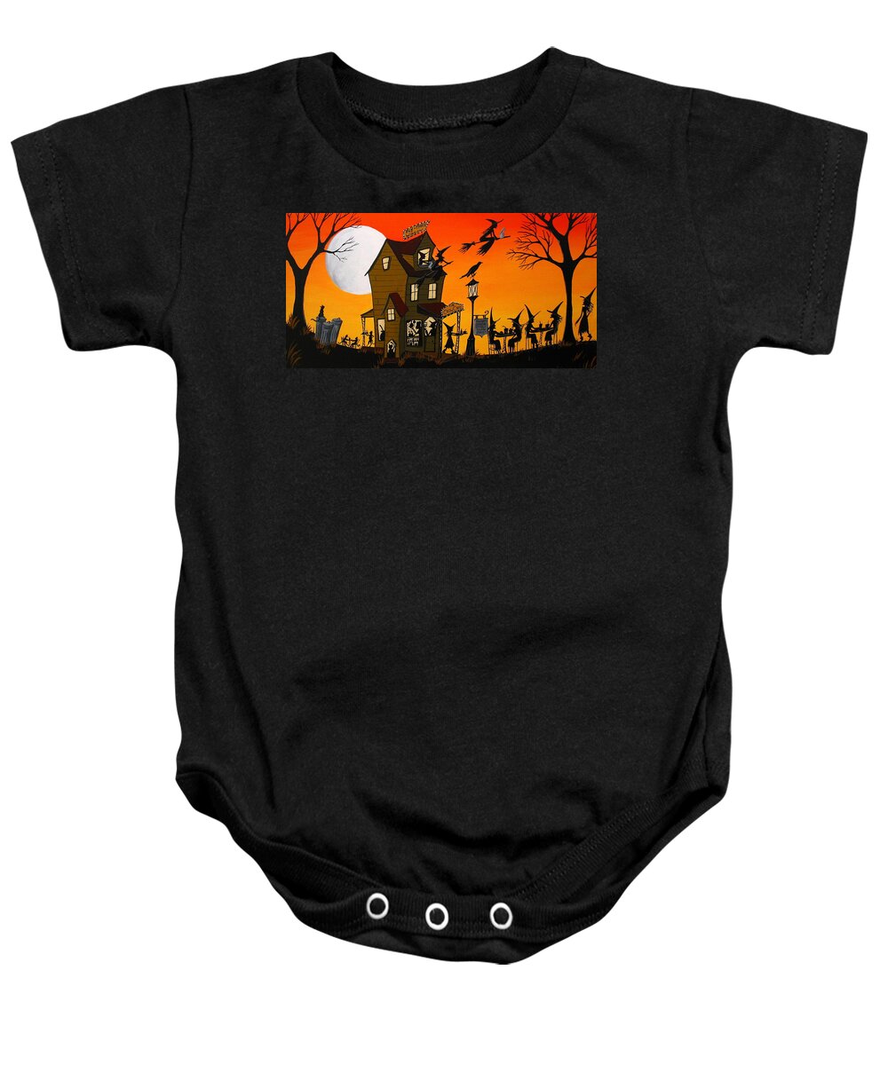 Art Baby Onesie featuring the painting The Crow Cafe - Halloween witch cat folk art by Debbie Criswell