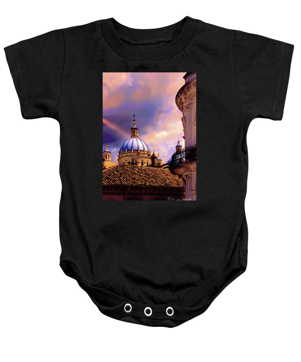 Domes Baby Onesie featuring the photograph The Domes Of Immaculate Conception, Cuenca, Ecuador by Al Bourassa