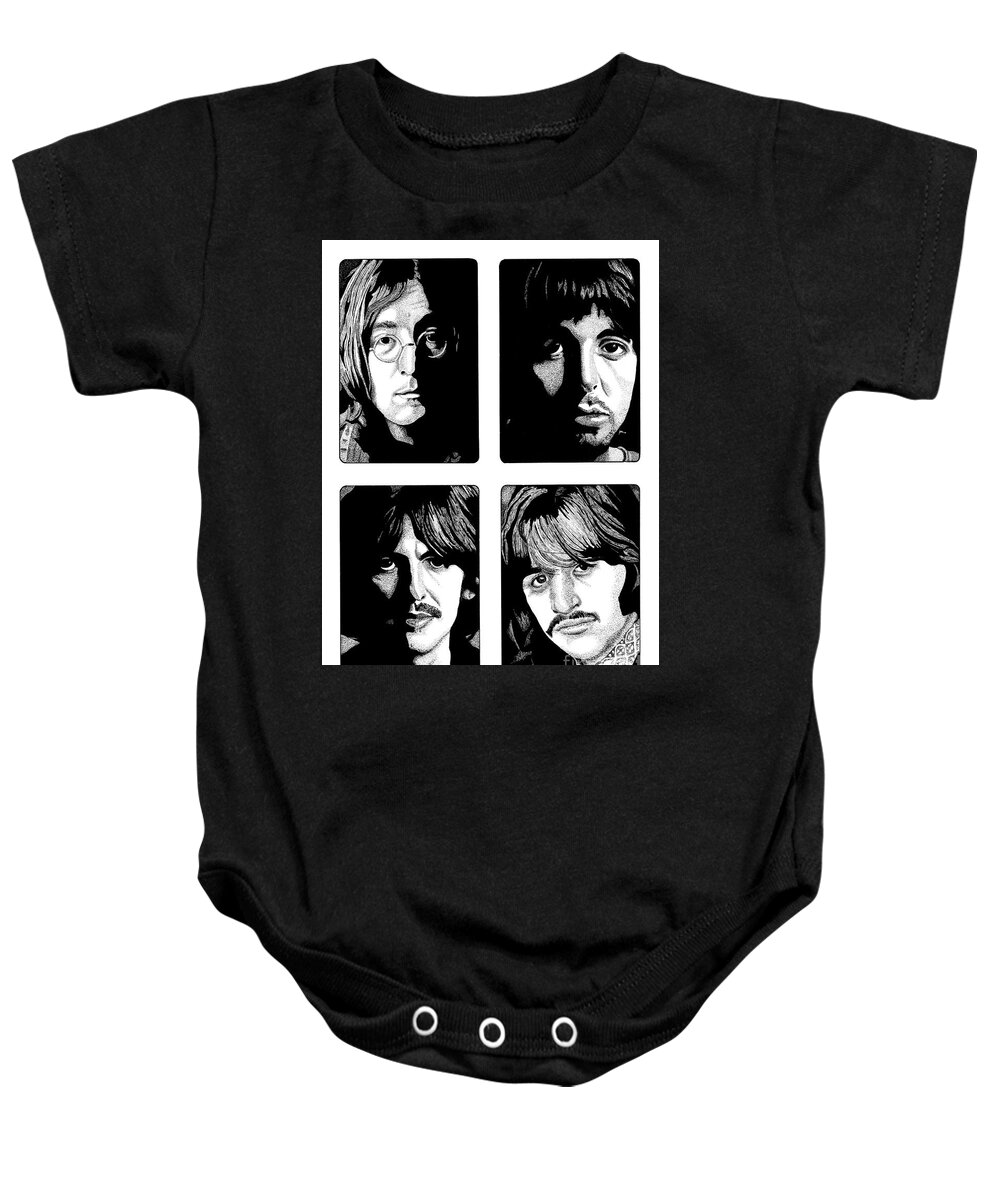 Paul Mccartney Baby Onesie featuring the drawing The Fab Four by Cory Still