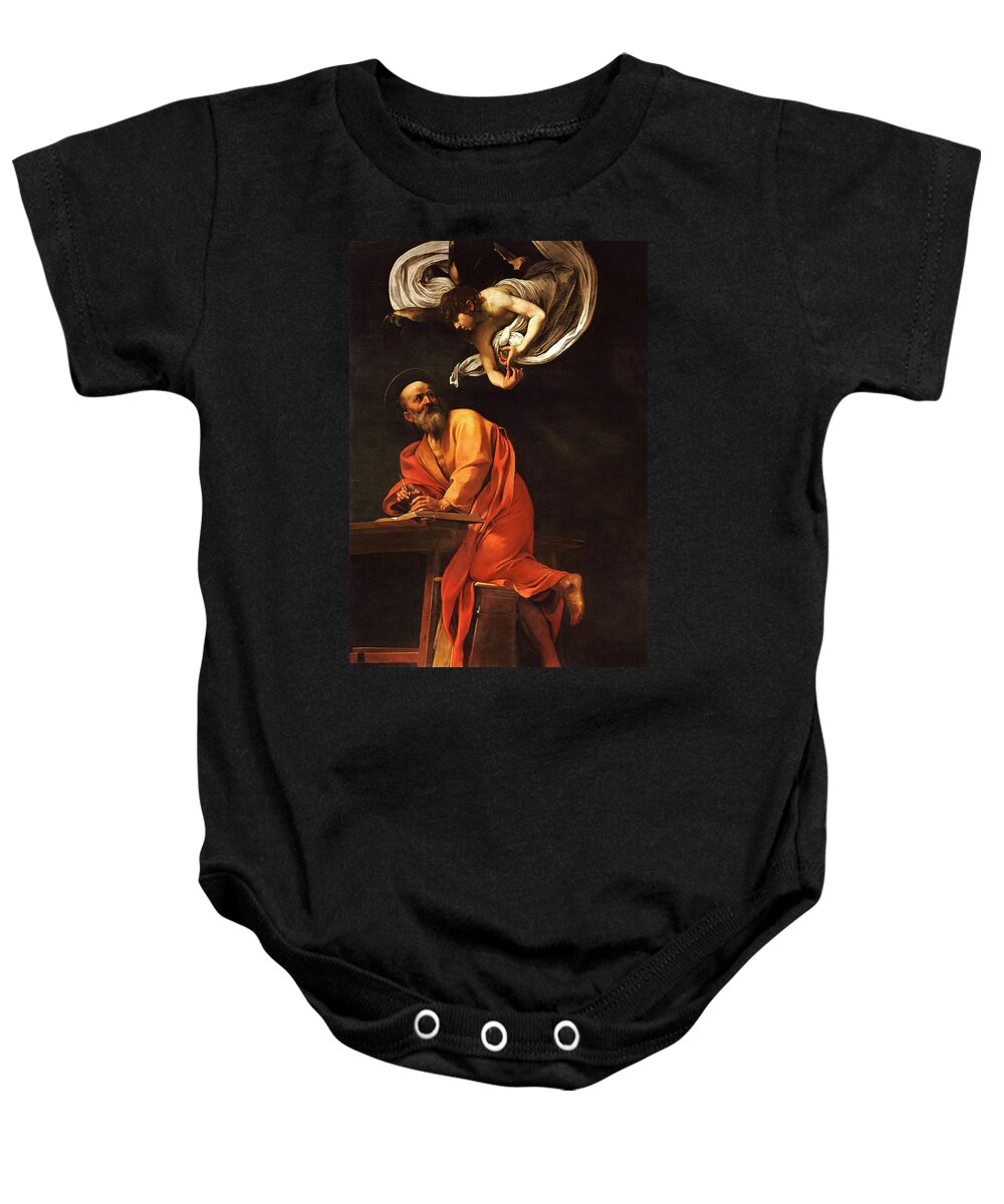Caravaggio Baby Onesie featuring the painting The Inspiration of Saint Matthew by Caravaggio