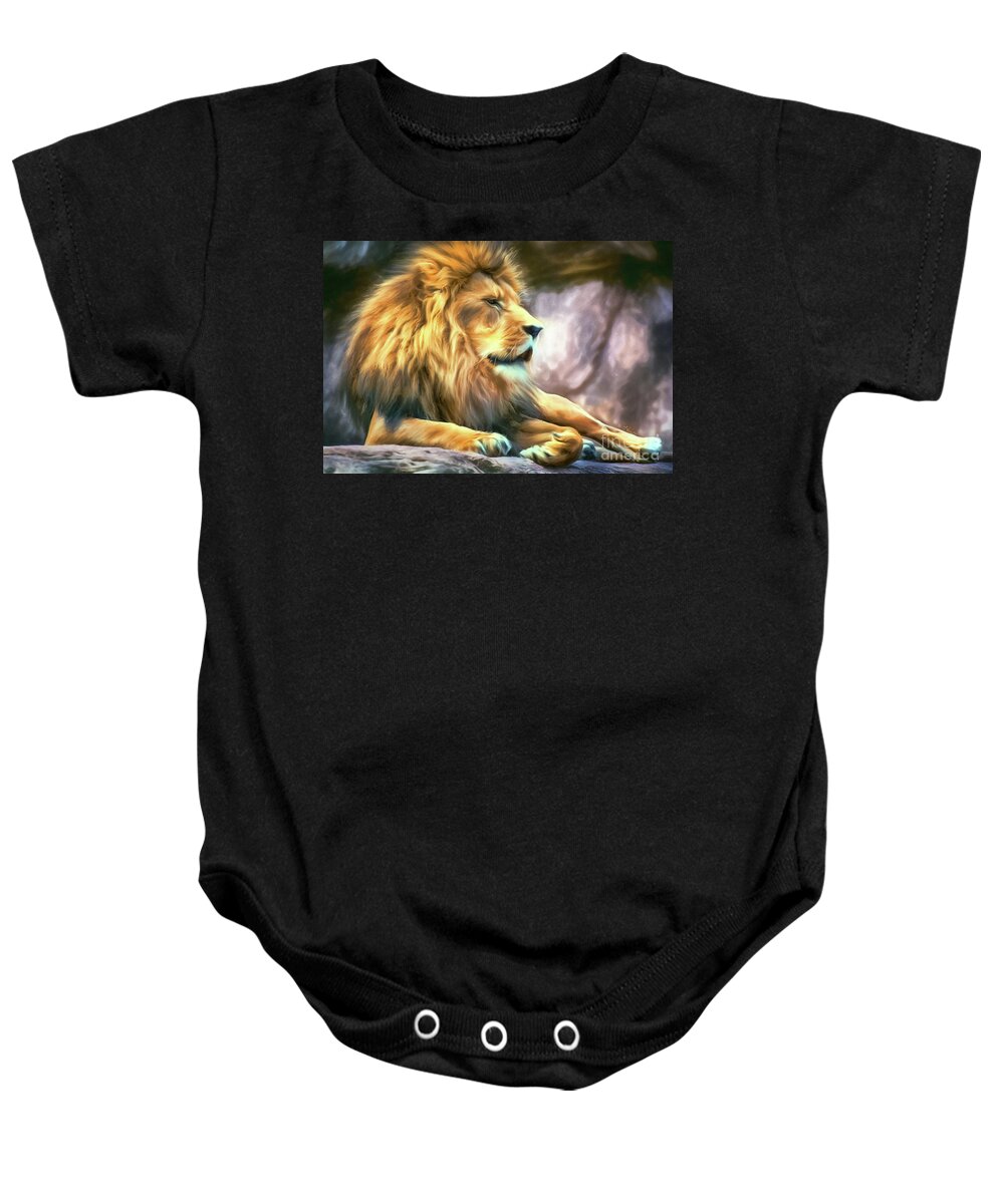 Lion Baby Onesie featuring the painting The King Of Cool by Tina LeCour