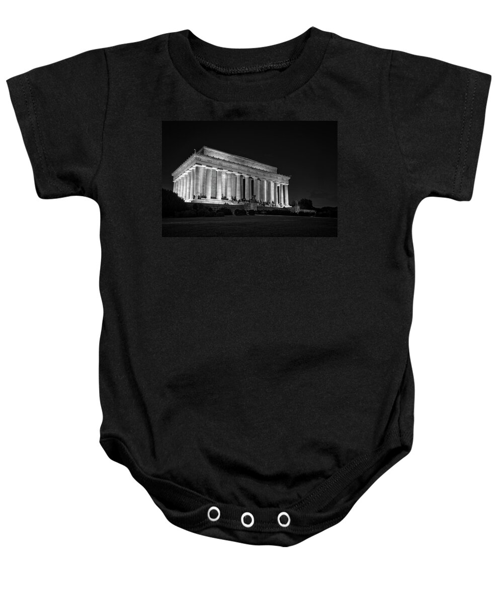 Lincoln Memorial Baby Onesie featuring the photograph The Lincoln Memorial At Night In Black and White by Greg and Chrystal Mimbs