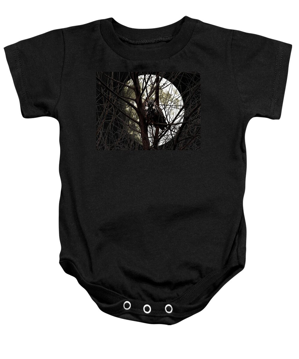 Animal Baby Onesie featuring the photograph The Night Owl and Harvest Moon by Wingsdomain Art and Photography