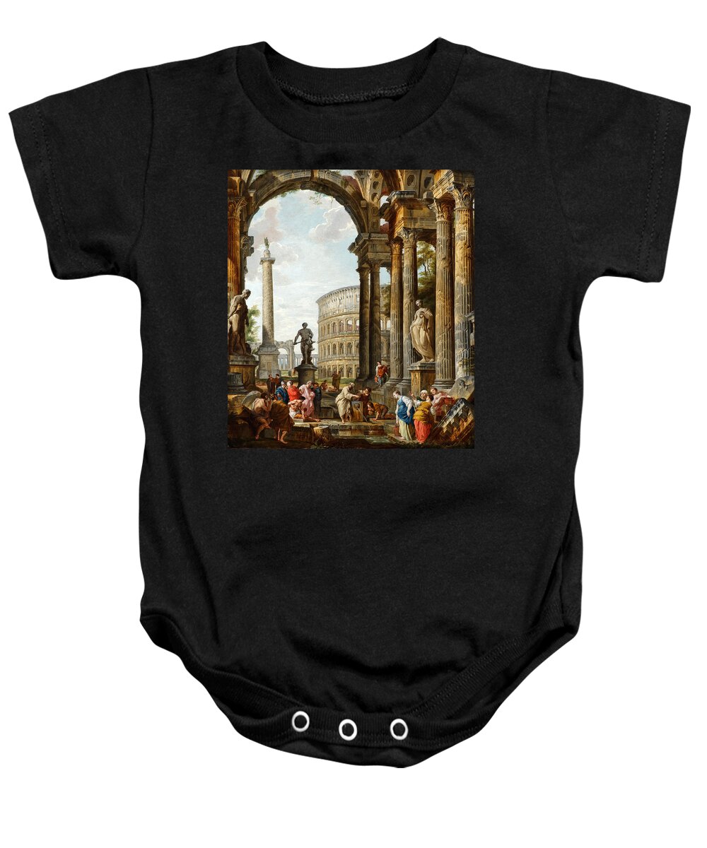 Giovanni Paolo Panini Baby Onesie featuring the painting The Philosopher Diogenes Throwing Down His Bowl by Giovanni Paolo Panini