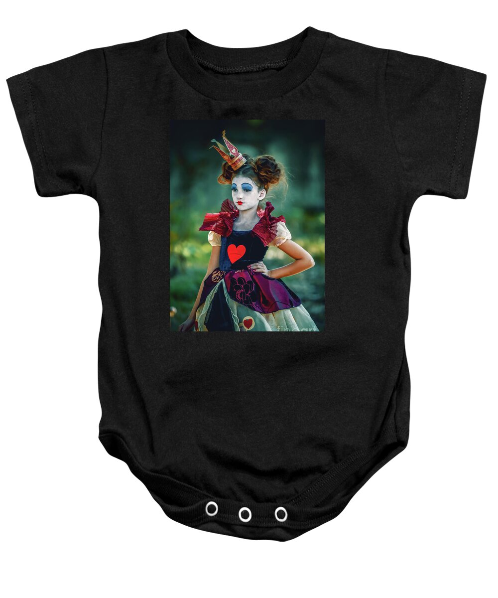 Art Baby Onesie featuring the photograph The Queen of Hearts Alice in Wonderland by Dimitar Hristov