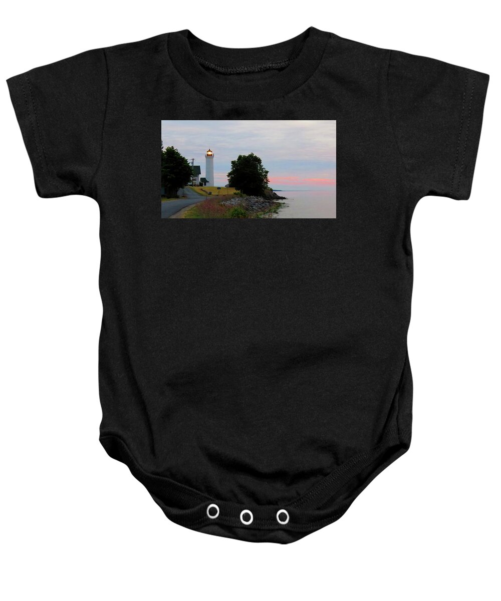 Cape Vincent Baby Onesie featuring the photograph Tibbetts Point Light Sunset by Dennis McCarthy