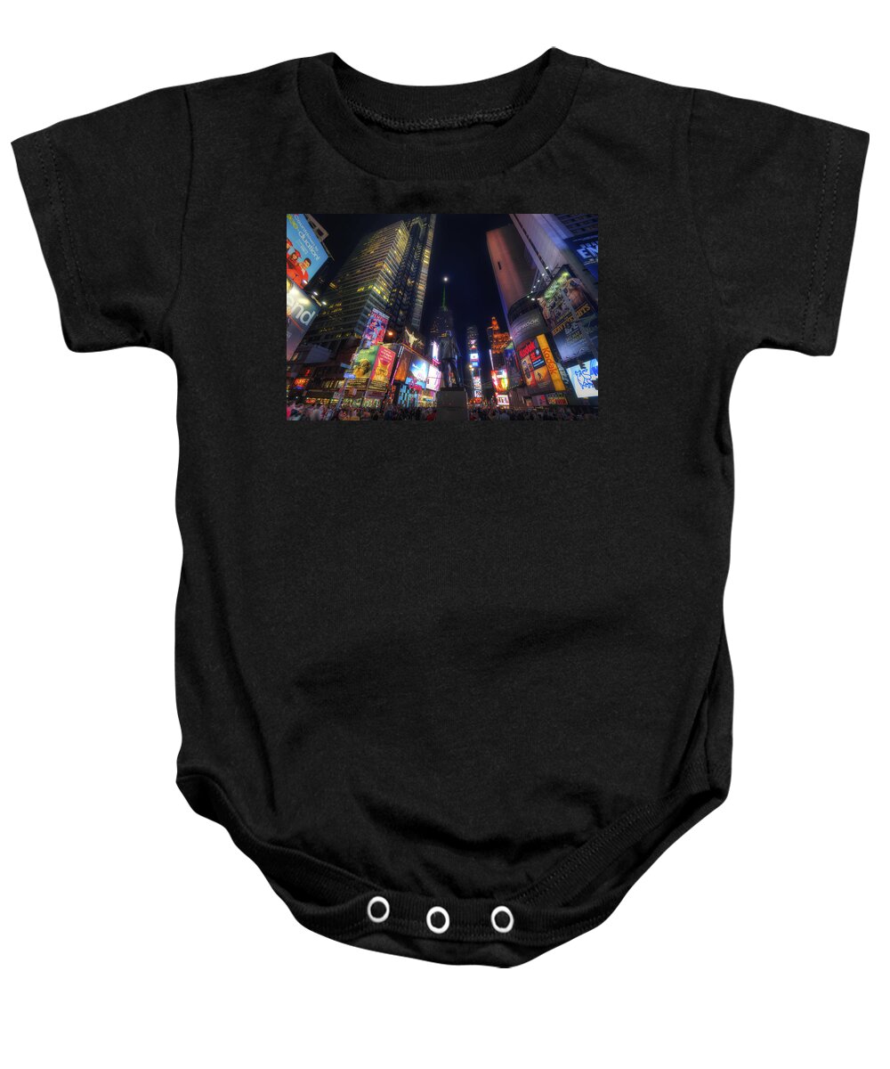 Art Baby Onesie featuring the photograph Times Square Moonlight by Yhun Suarez