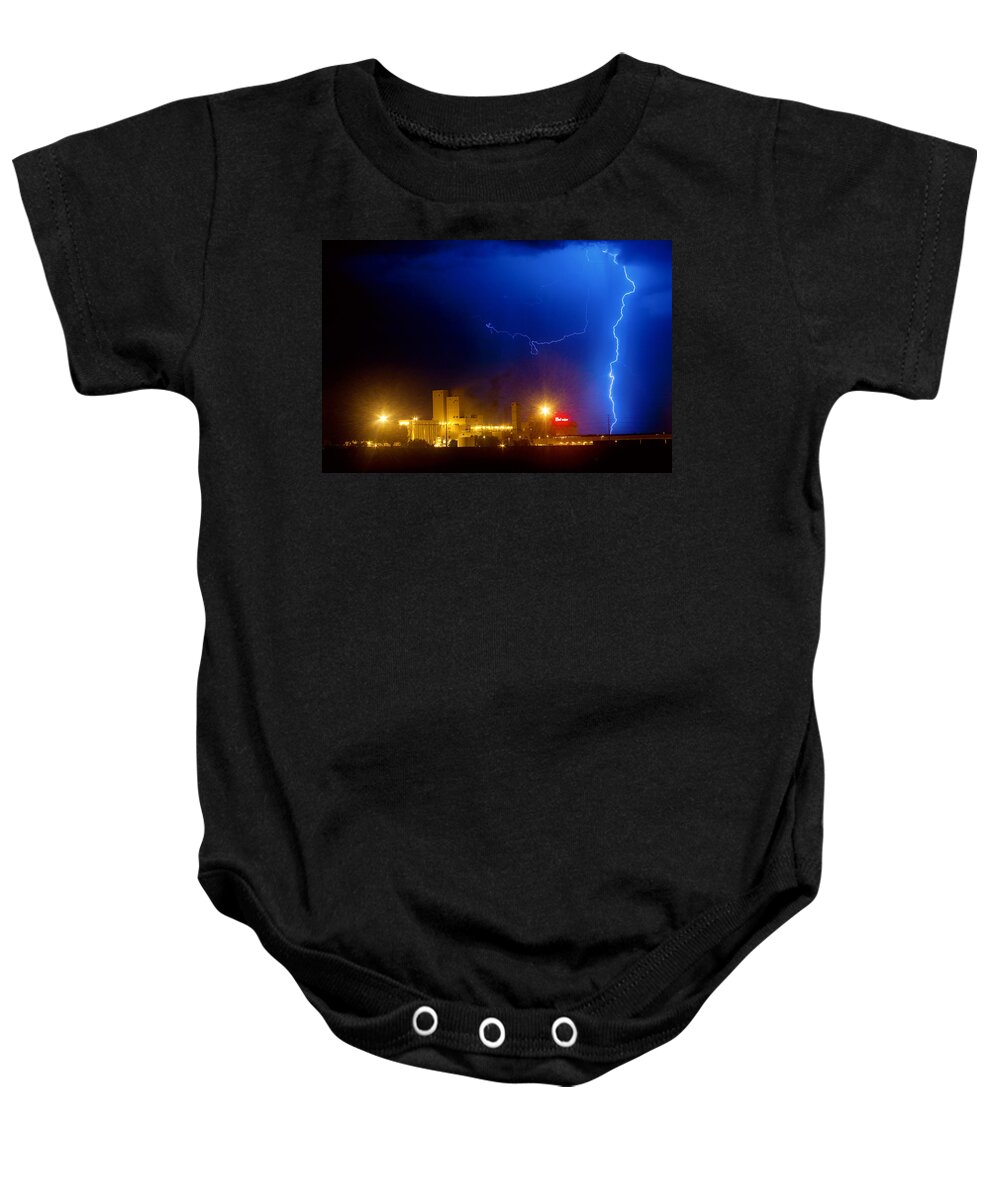 Budweiser Baby Onesie featuring the photograph To The Right Budweiser Lightning Strike by James BO Insogna