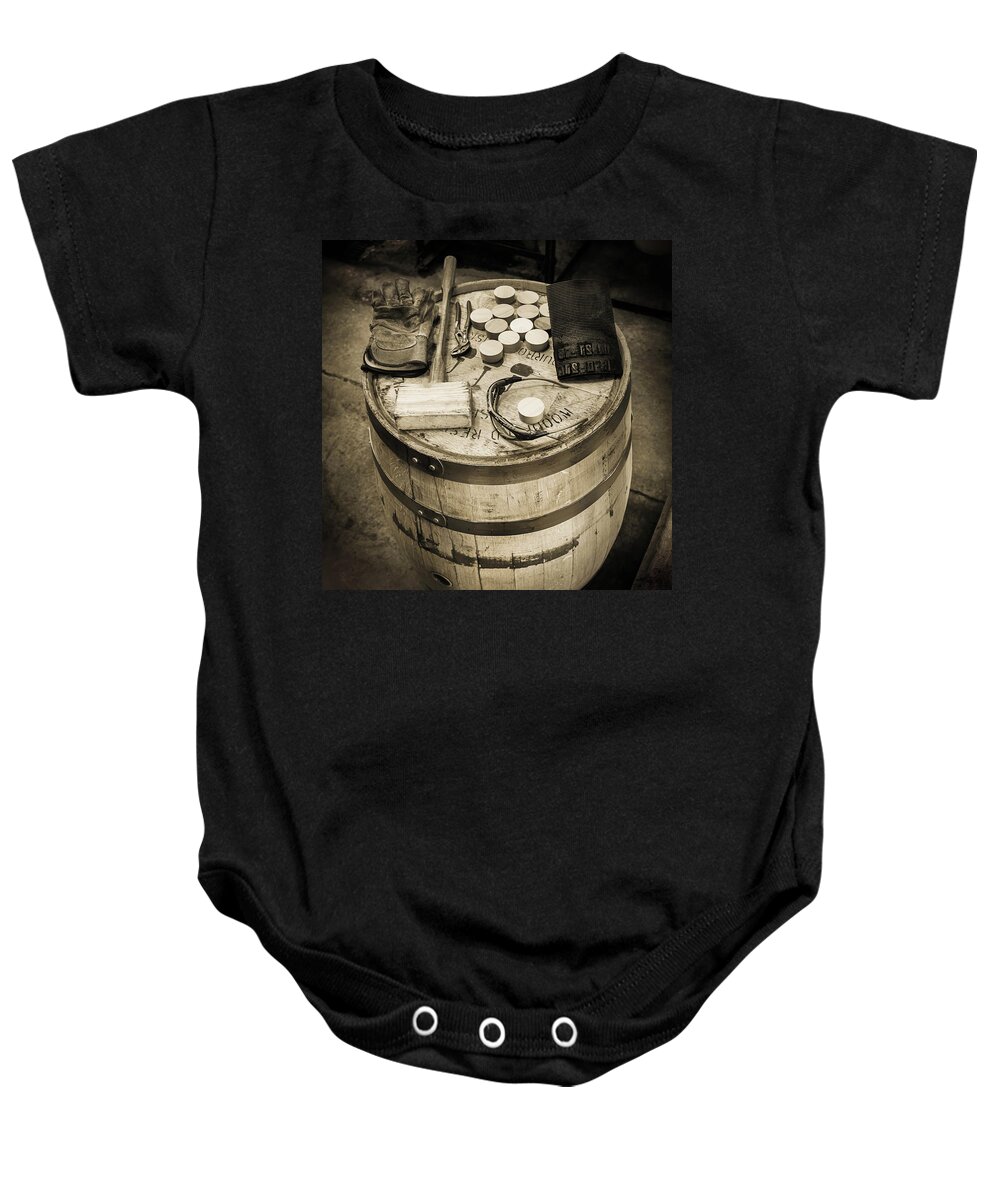 Bourbon Barrel Baby Onesie featuring the photograph Tools of the Trade by Karen Varnas