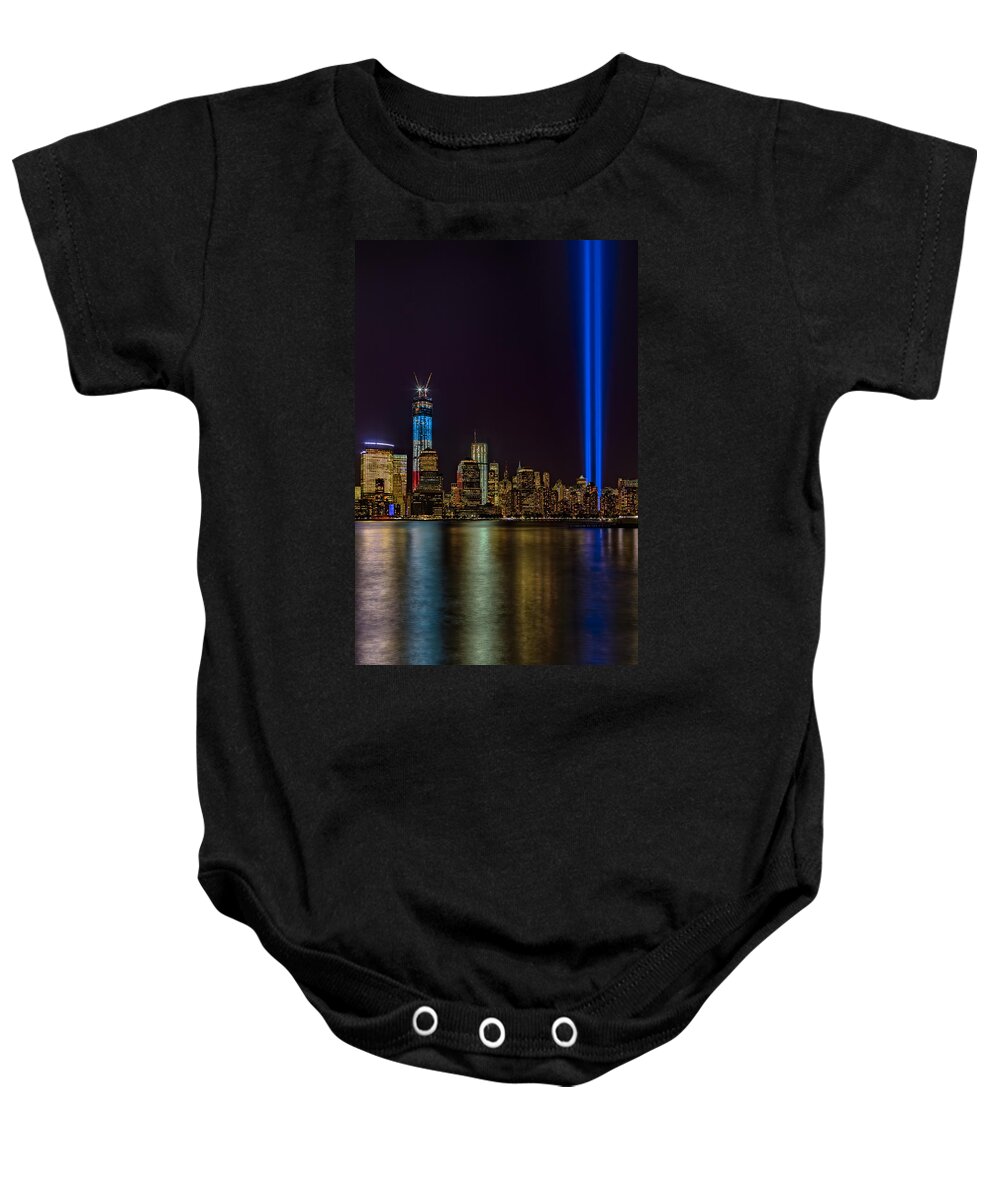 Tribute In Lights Baby Onesie featuring the photograph Tribute In Lights Memorial by Susan Candelario