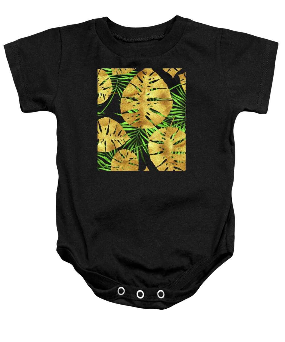 Gold Baby Onesie featuring the digital art Tropical Haze Noir II gold monstera leaves, green palm fronds by Tina Lavoie