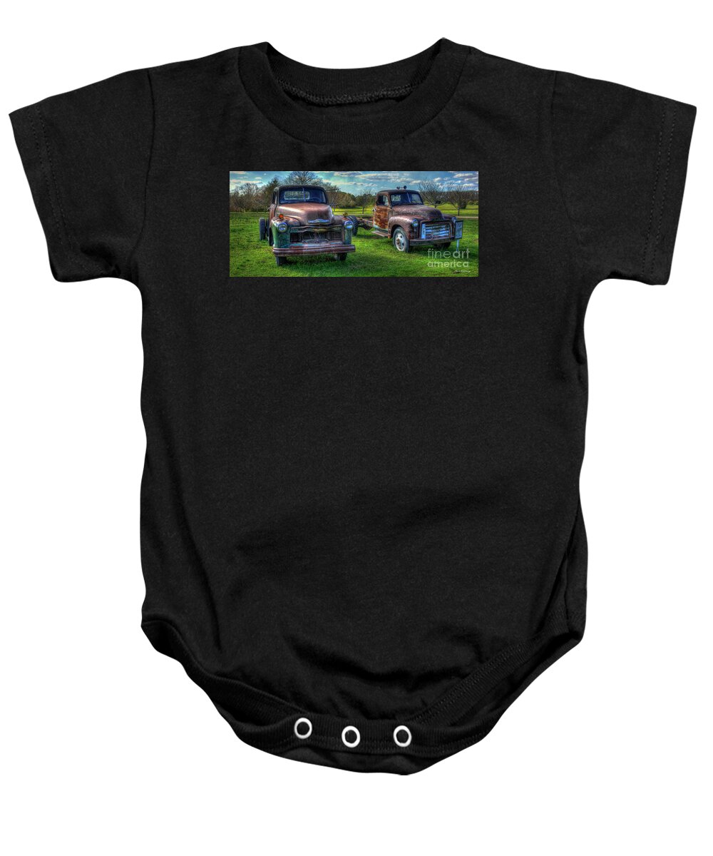 Reid Callaway Almost Twins Baby Onesie featuring the photograph Almost Twins 1952 Chevrolet 1952 GMC Flatbed Truck Art by Reid Callaway