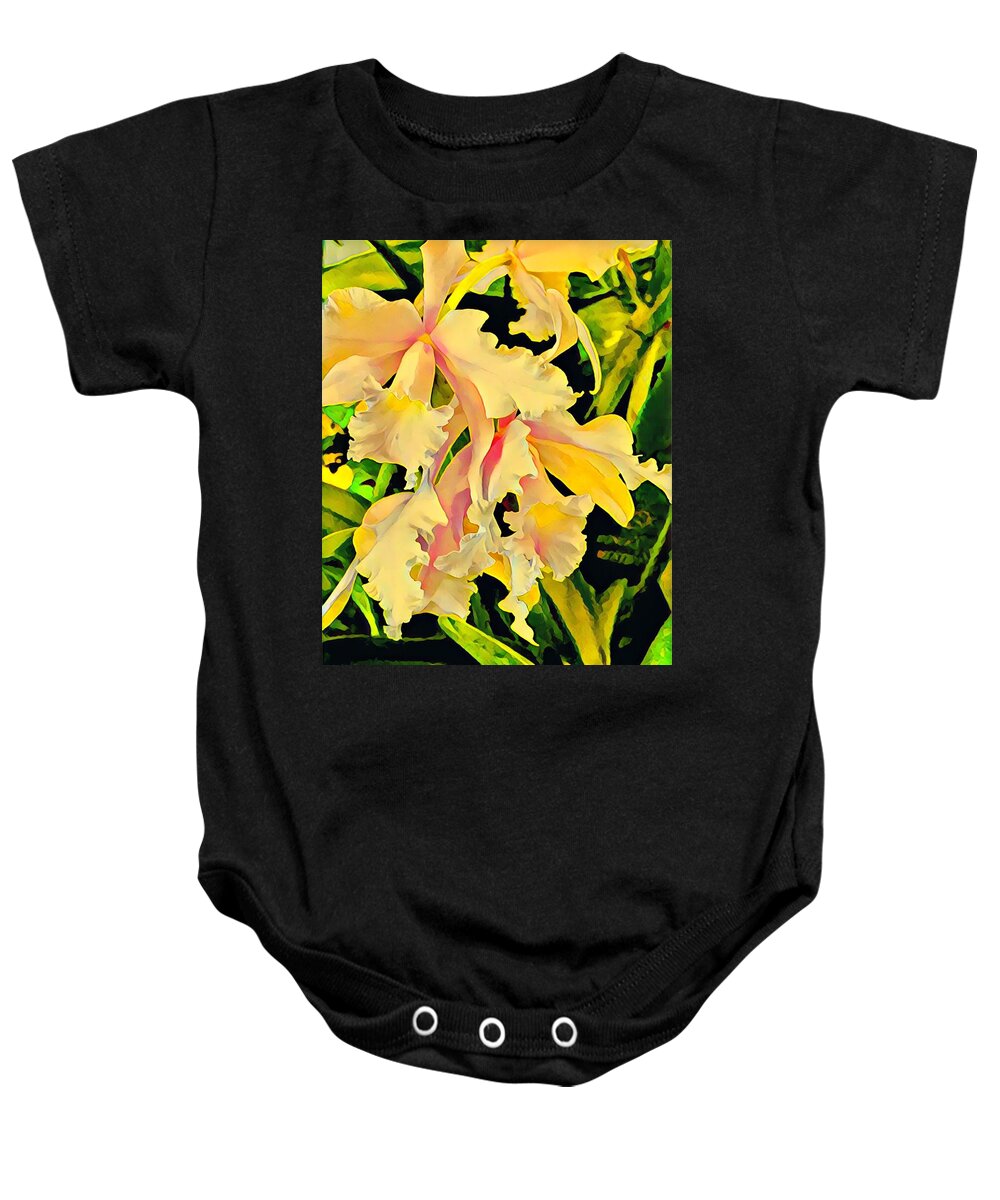#flowersofaloha #flowers # Flowerpower #aloha #hawaii #aloha #puna #pahoa #thebigisland #twoorchidsinyellow #orchids #yellow #two Baby Onesie featuring the photograph Two Orchids in Yellow by Joalene Young