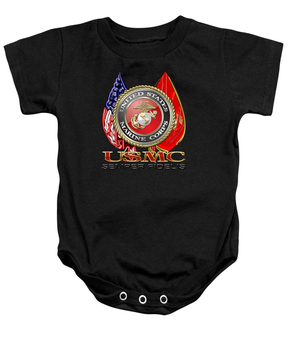 'military Insignia & Heraldry 3d' Collection By Serge Averbukh Baby Onesie featuring the digital art U. S. Marine Corps U S M C Emblem on Black by Serge Averbukh