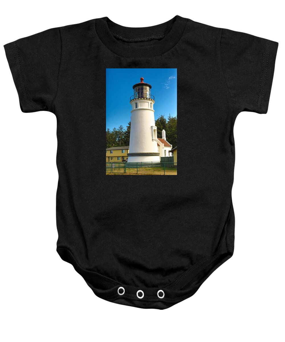 Lighthouse Oregon Winchester Bay Coast Historic Baby Onesie featuring the tapestry - textile Umpqua River Lighthouse by Dennis Bucklin