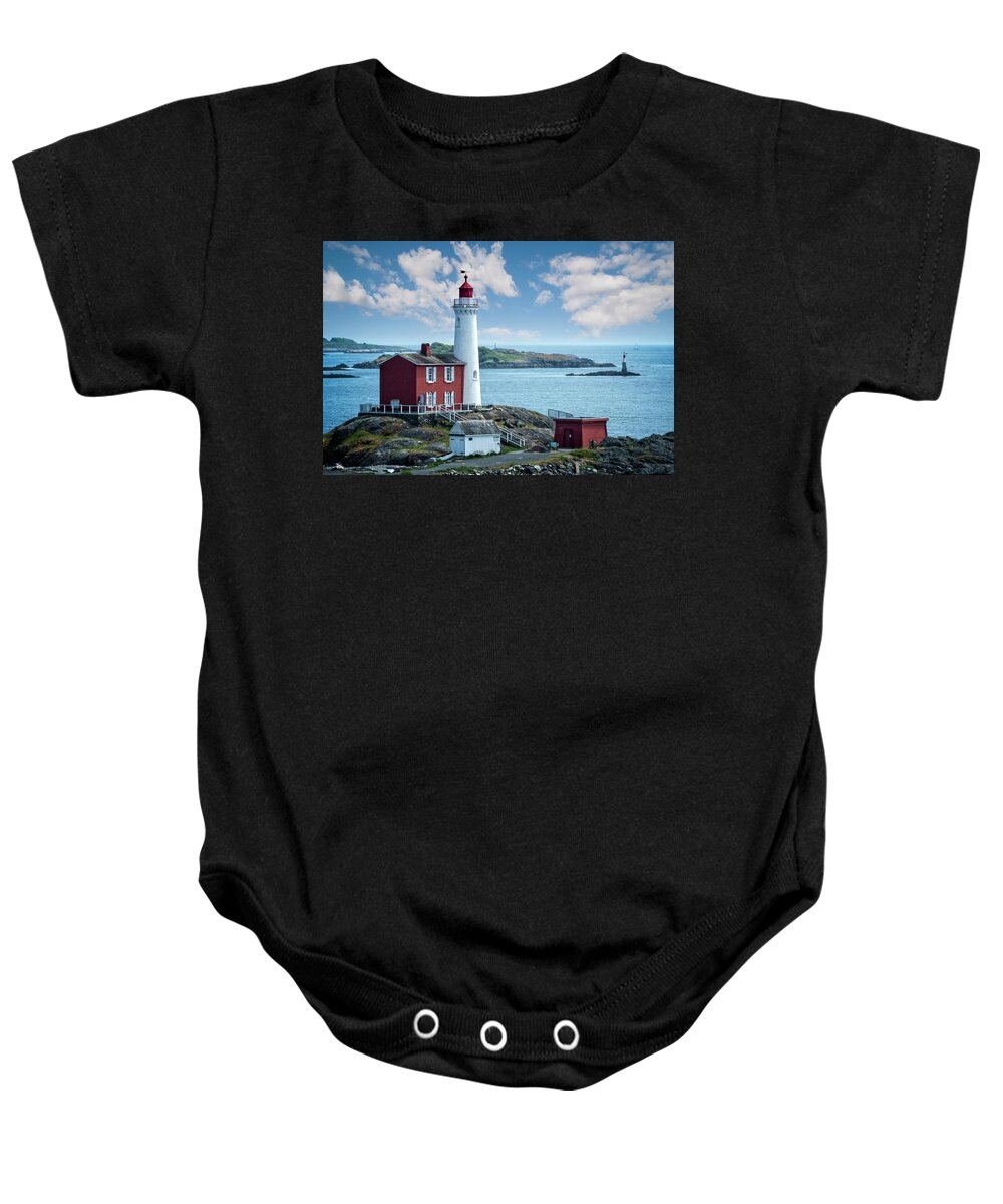 Fisgard Lighthouse Baby Onesie featuring the photograph Veiw of the Fisgard Lighthouse by Jeanette Mahoney