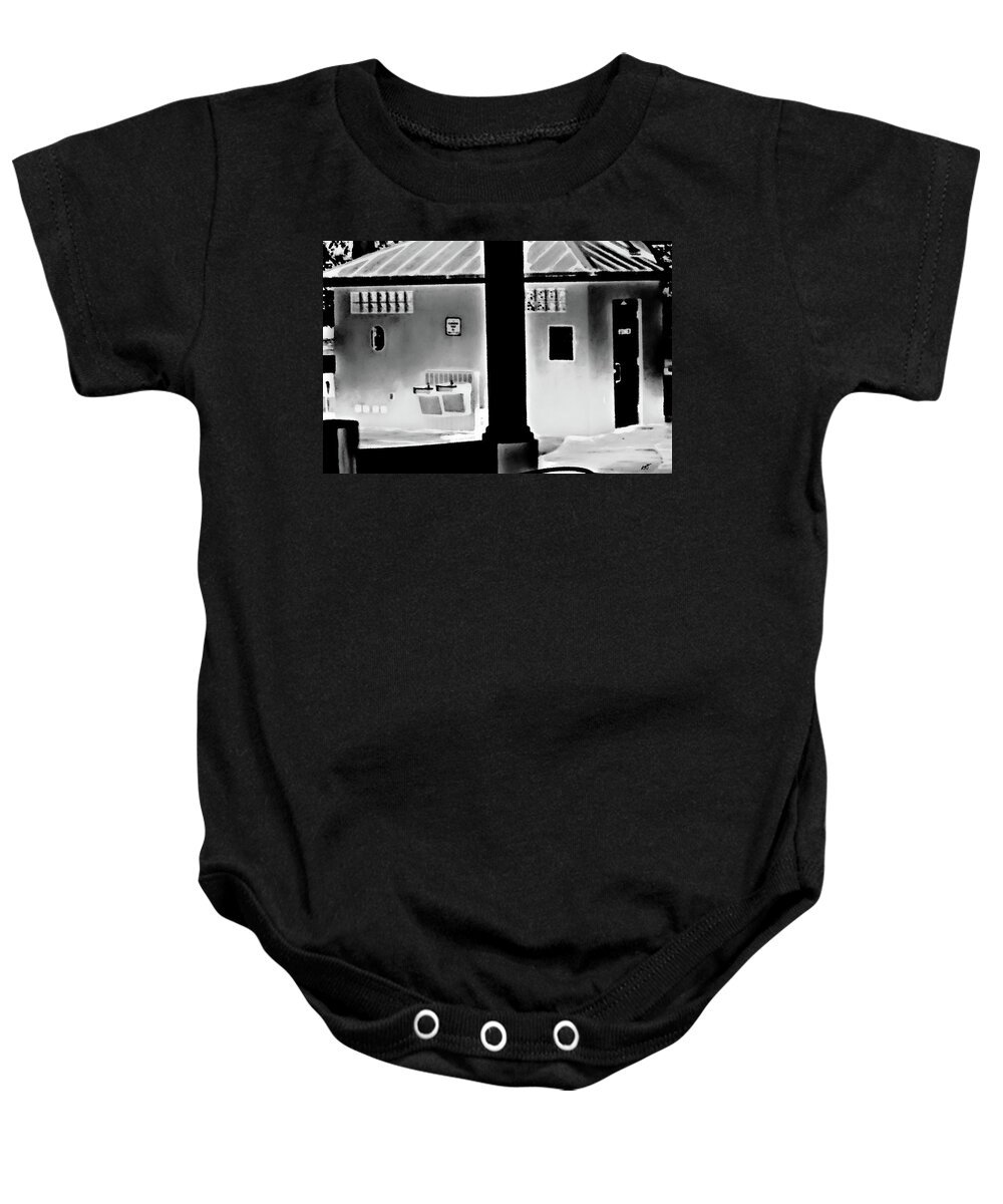 Black And White Baby Onesie featuring the photograph Vilano Beach Pavilion Restroom by Gina O'Brien