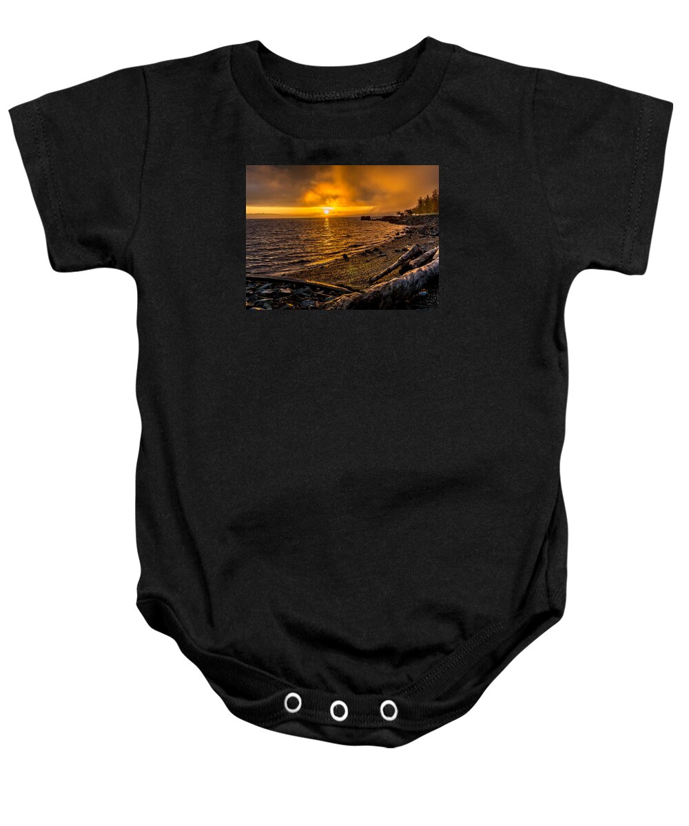 Red Baby Onesie featuring the photograph Warming Sunrise Commencement Bay by Rob Green