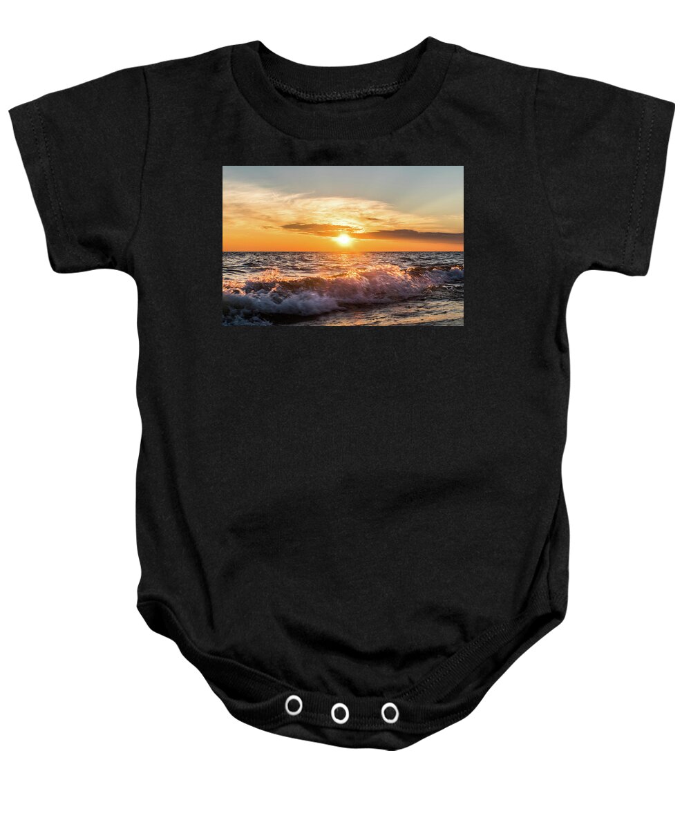 Landscape Baby Onesie featuring the photograph Waves Crashing With Suset by Lester Plank
