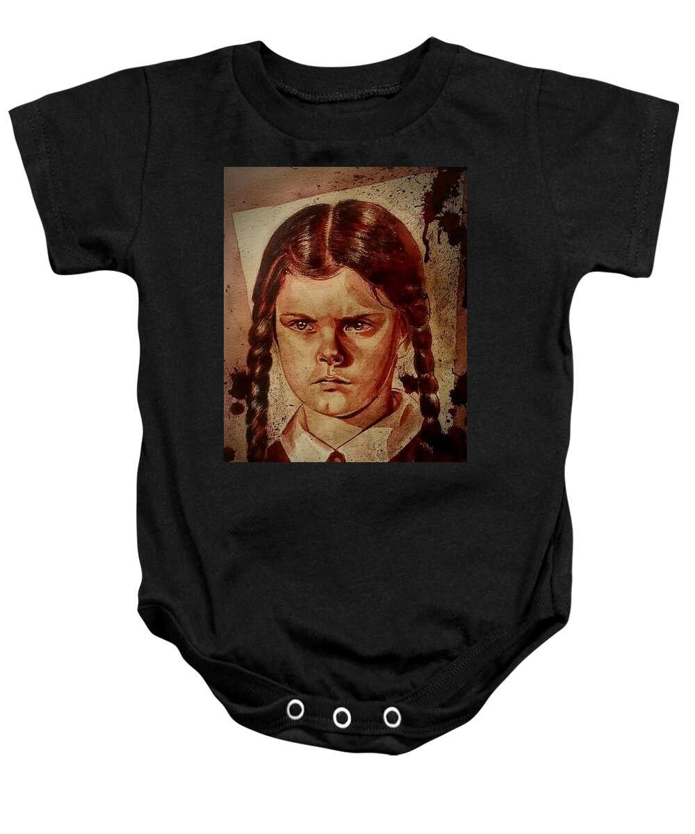 Ryan Almighty Baby Onesie featuring the painting WEDNESDAY ADDAMS - wet blood by Ryan Almighty