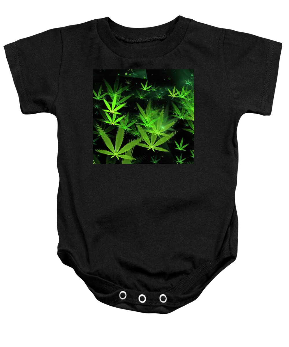 Weed Baby Onesie featuring the digital art Weed art - green Cannabis symbols flying around by Matthias Hauser