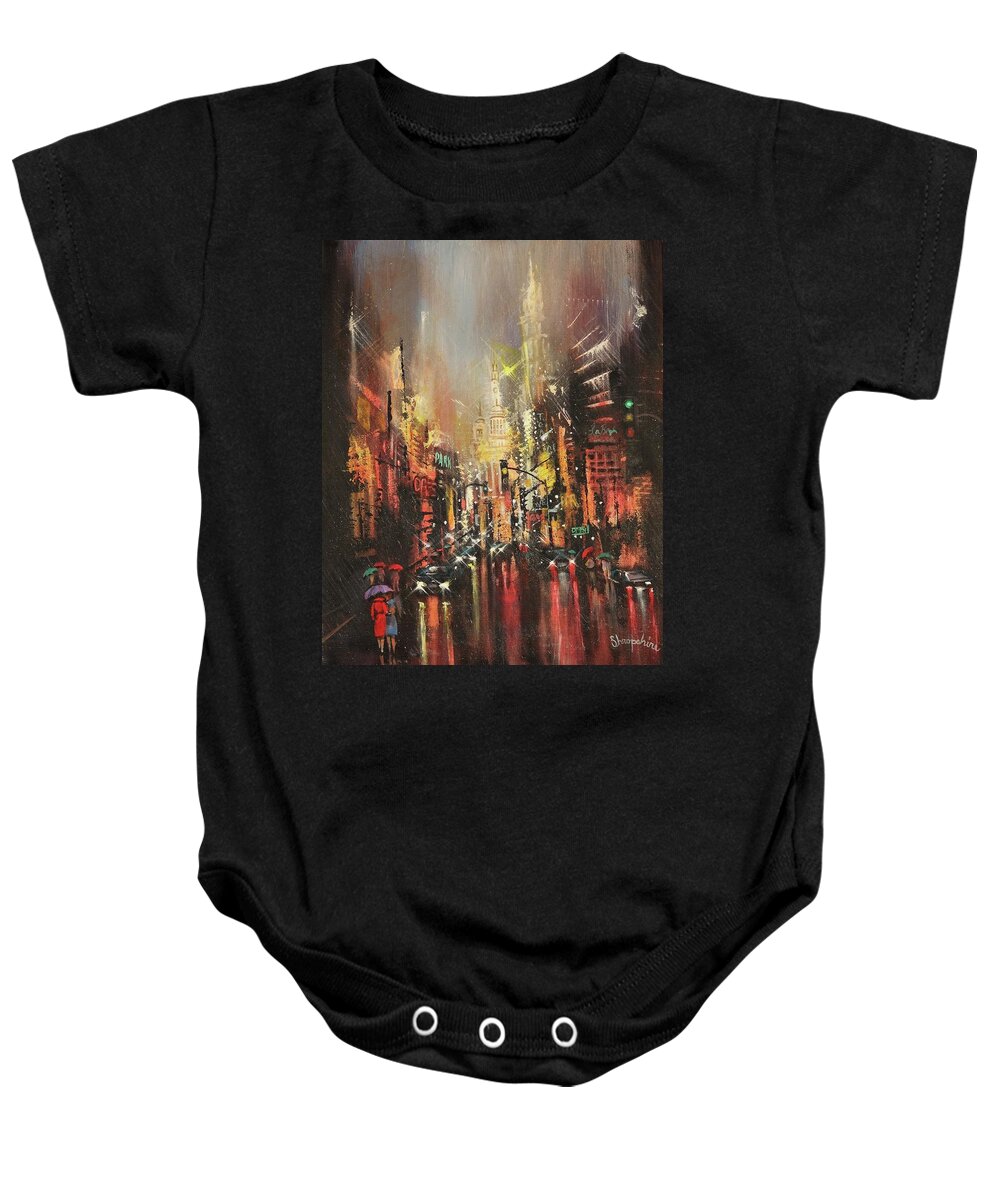 City Rain Baby Onesie featuring the painting Wet Streets by Tom Shropshire