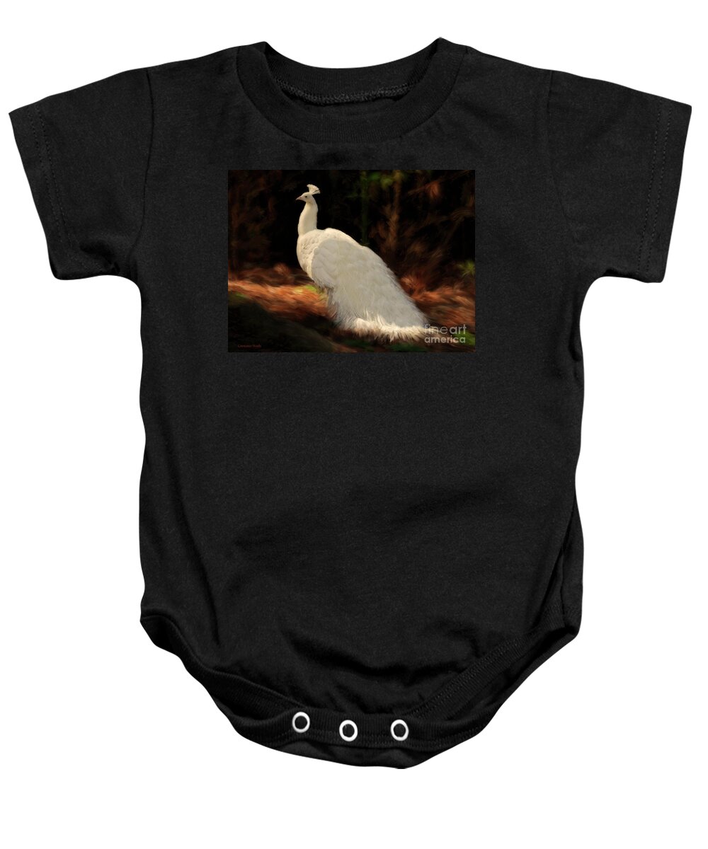 Peacock Baby Onesie featuring the painting White Peacock in Golden Hour by Constance Woods