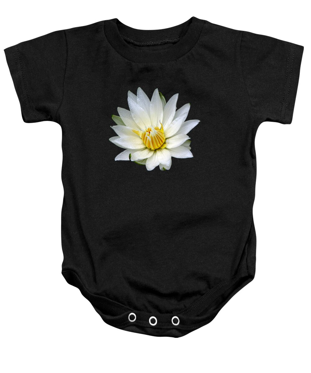 Waterlily Baby Onesie featuring the photograph White Waterlily with Dewdrops by Rose Santuci-Sofranko