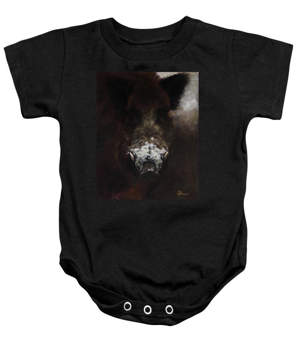 Snout Baby Onesie featuring the painting Wildboar with Snowy Snout by Attila Meszlenyi