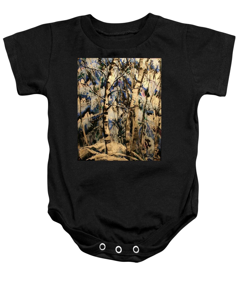Frozen Baby Onesie featuring the painting Winter Aspen by Marilyn Quigley