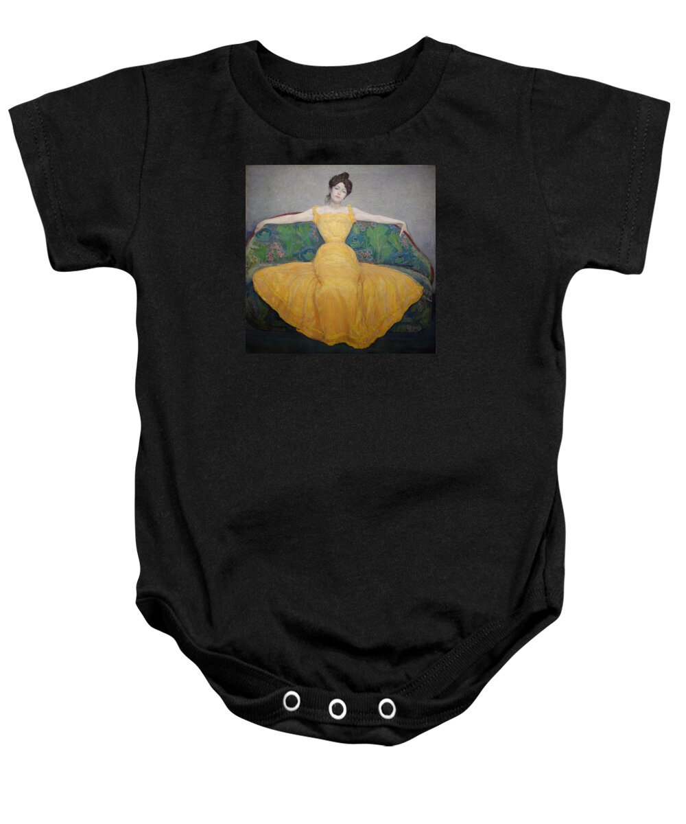 Max Kurzweil Baby Onesie featuring the painting Woman In A Yellow Dress #2 by Max Kurzweil