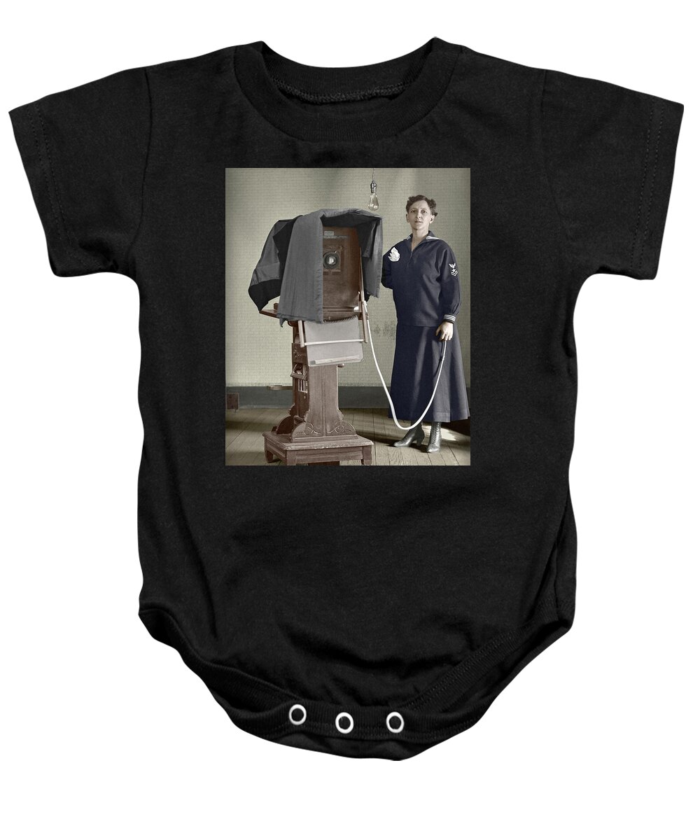 Camera Baby Onesie featuring the photograph Woman photographer with large camera 1900 by Martin Konopacki Restoration