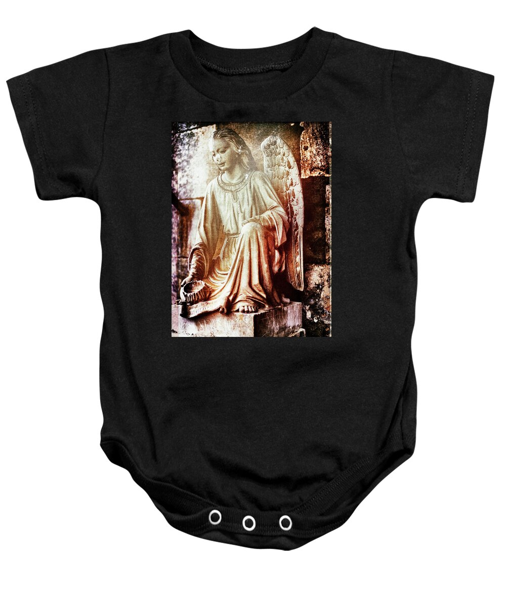 Wounded Angel; Angel; Wounded; Hurt; Old; Church; Begging; Foulain; France; Gift; Catholic; Catholicism; Hope; Faith; Love; Happiness; Photography & Digital Art; Photography; Art; Digital Art; 2bhappy4ever; 2bhappy4ever.com; 2bhappy4evercom Baby Onesie featuring the digital art Wounded Angel by 2bhappy4ever