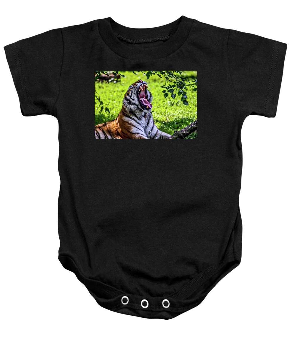 Bengal Tiger Baby Onesie featuring the photograph Yawning Tiger by Joann Copeland-Paul