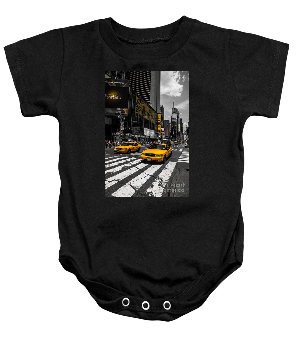 Manhattan Baby Onesie featuring the photograph Yellow Cabs cruisin on the Times Square by Hannes Cmarits