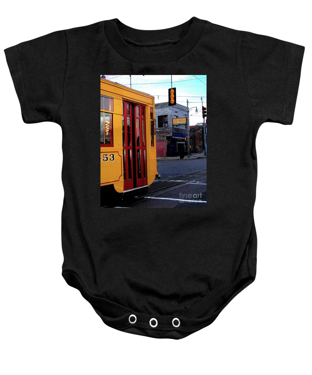Trolley Baby Onesie featuring the digital art Yellow Trolley at Earnestine and Hazels by Lizi Beard-Ward