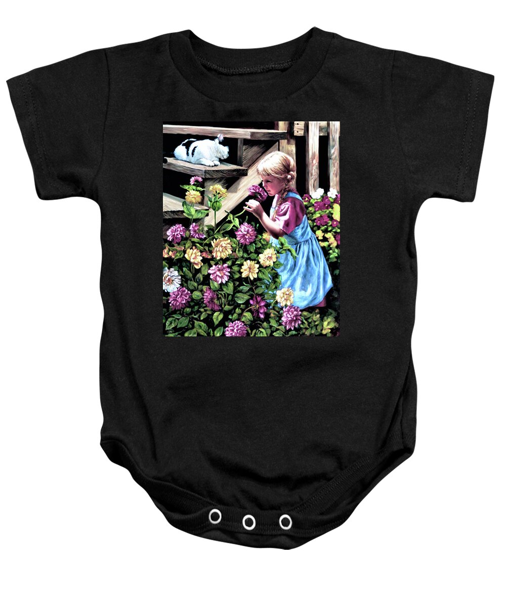Zinnias Baby Onesie featuring the painting Zinnias and Elizabeth by Marie Witte