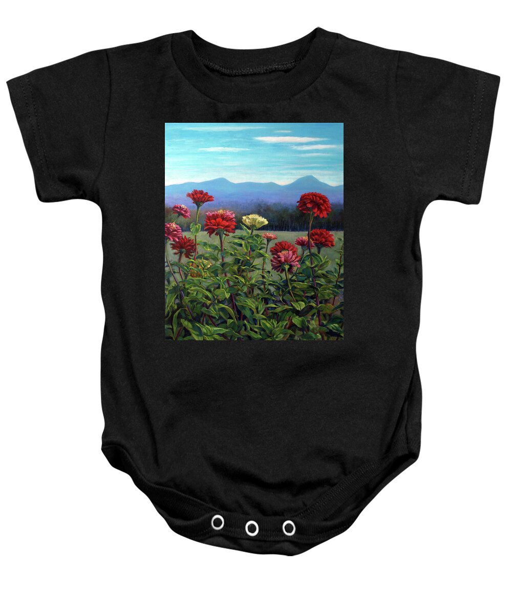 Flowers Baby Onesie featuring the painting Zinnias and the White Mountains by Marie Witte