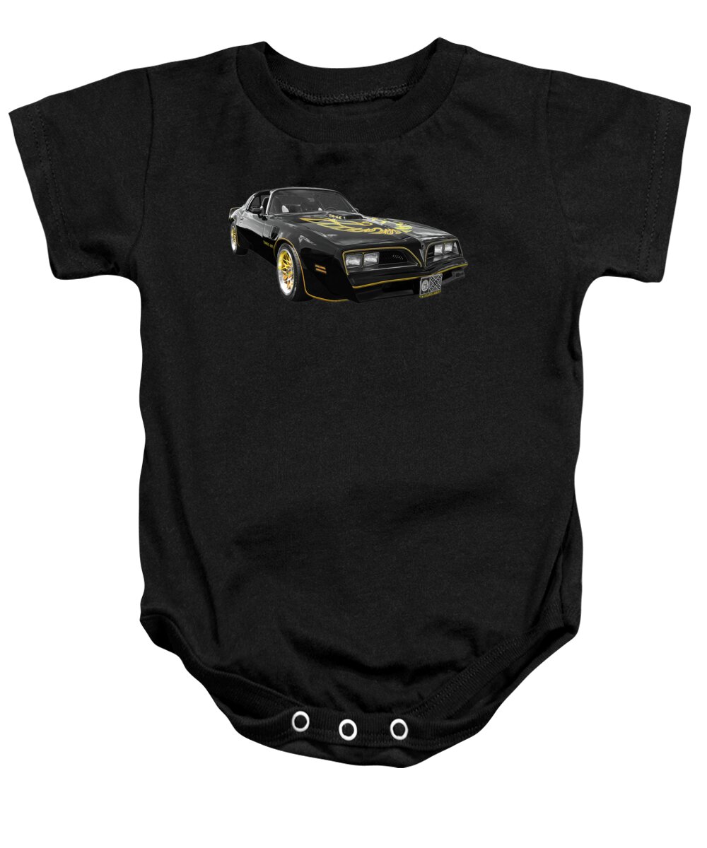 Pontiac Firebird Baby Onesie featuring the photograph 1976 Trans Am Black And Gold by Gill Billington