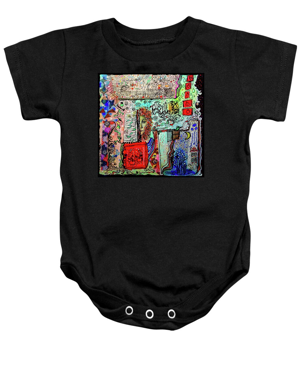 Symbolic Baby Onesie featuring the mixed media A Story Waiting to be Told by Mimulux Patricia No