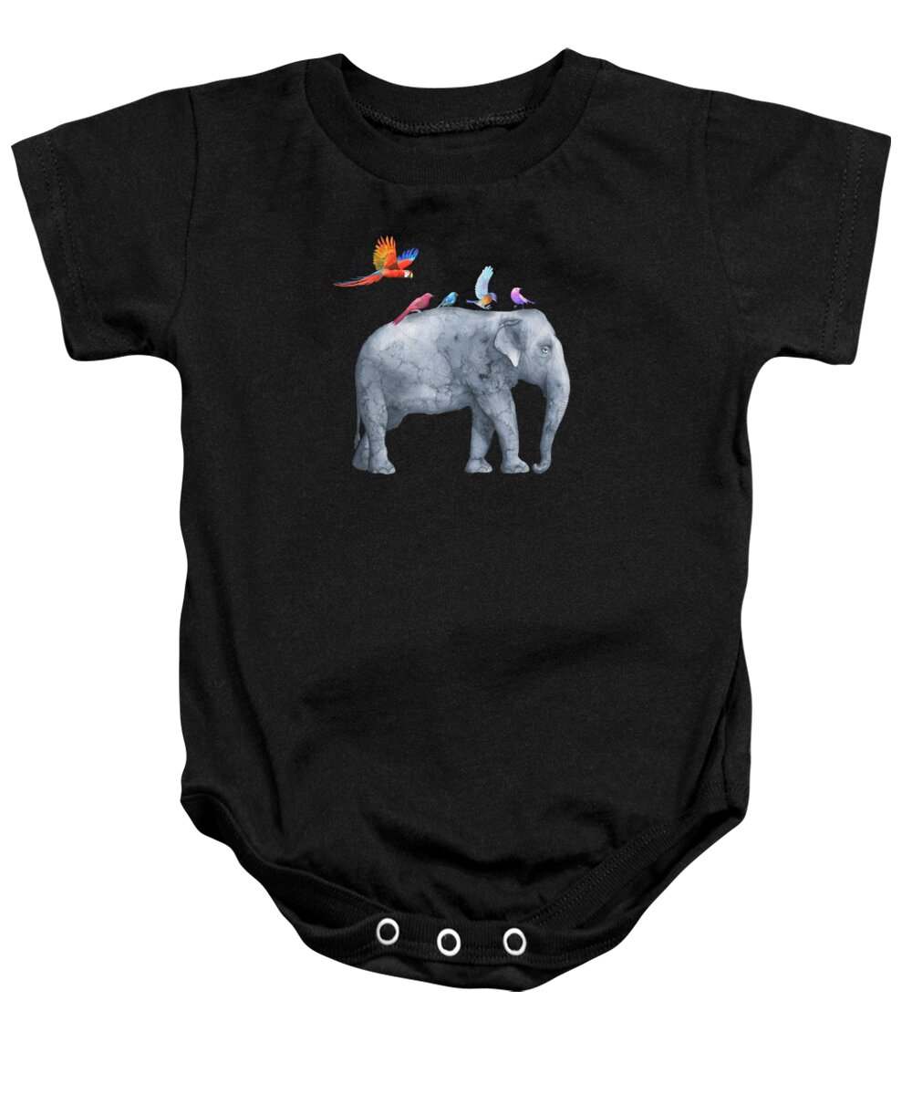Elephant Baby Onesie featuring the painting All Aboard The Exotic Elephant Taxi Service by Little Bunny Sunshine
