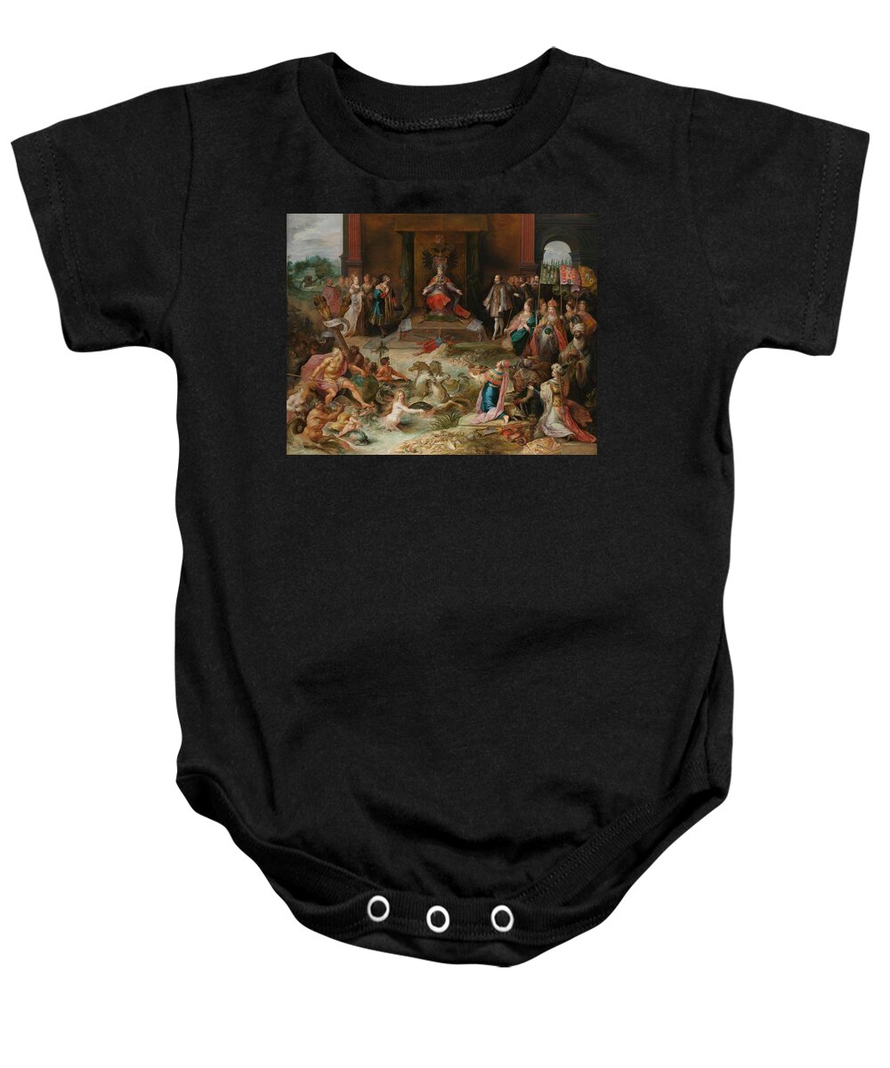 Ferdinand I Van Habsburg (duits Keizer) Baby Onesie featuring the painting Allegory on the Abdication of Emperor Charles V in Brussels. Allegory on the Abdication of Empero... by Frans Francken -II-